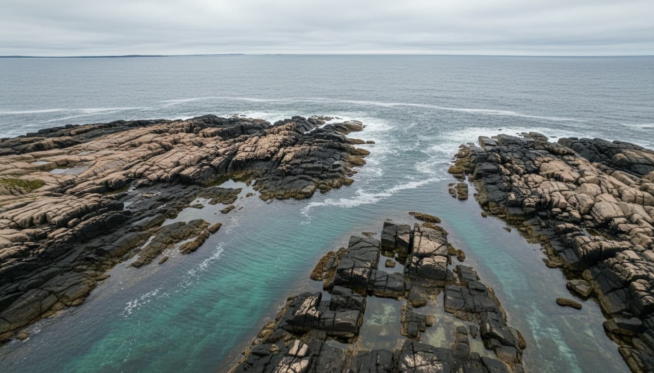 Aerial view of Maine's rocky coastline featuring several tide pools at low tide surrounded by granite ledges and boulders under cloudy skies