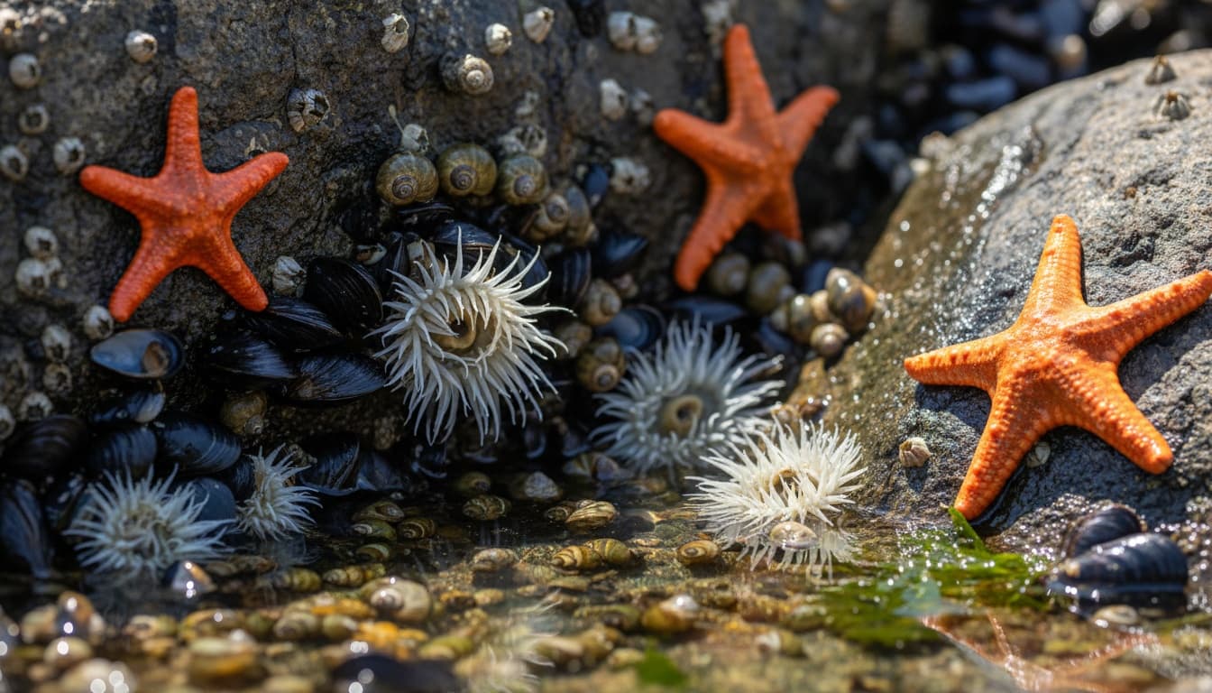 Close-up of tide pool inhabitants including snails, mussels, anemones, and sea stars clustered on rocks in shallow seawater.