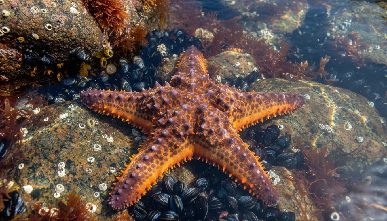 Close-up of an ochre sea star with purple and orange coloring gripping mussels on a rocky tide pool surface in natural daylight.