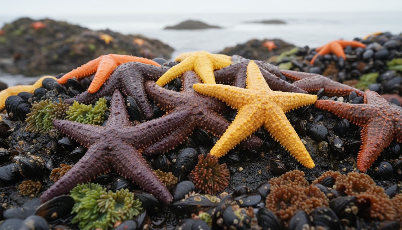 Close-up of ochre sea stars in purple, orange, and yellow hues on a rocky Pacific shore with mussels and anemones visible nearby.