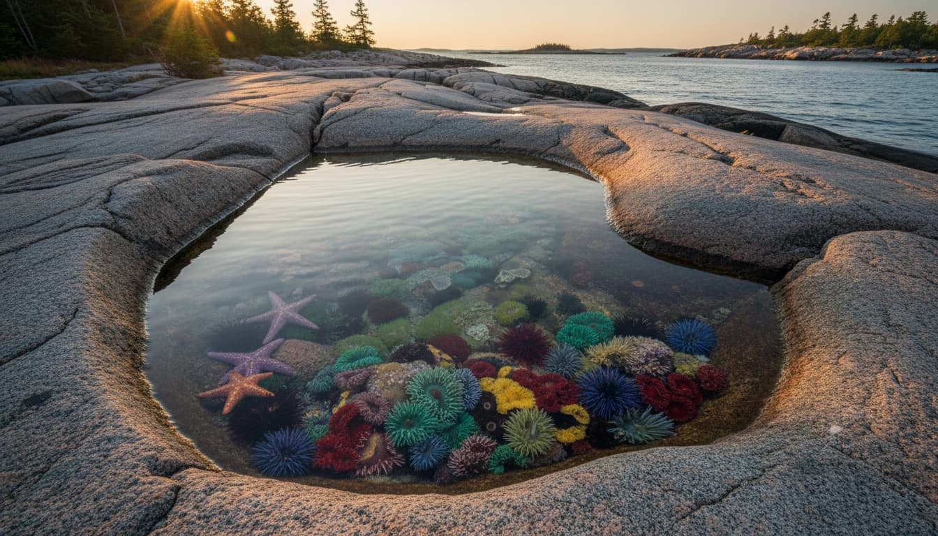 Clear tide pool on rocky granite shore containing starfish, sea urchins, and anemones with ocean waves in background