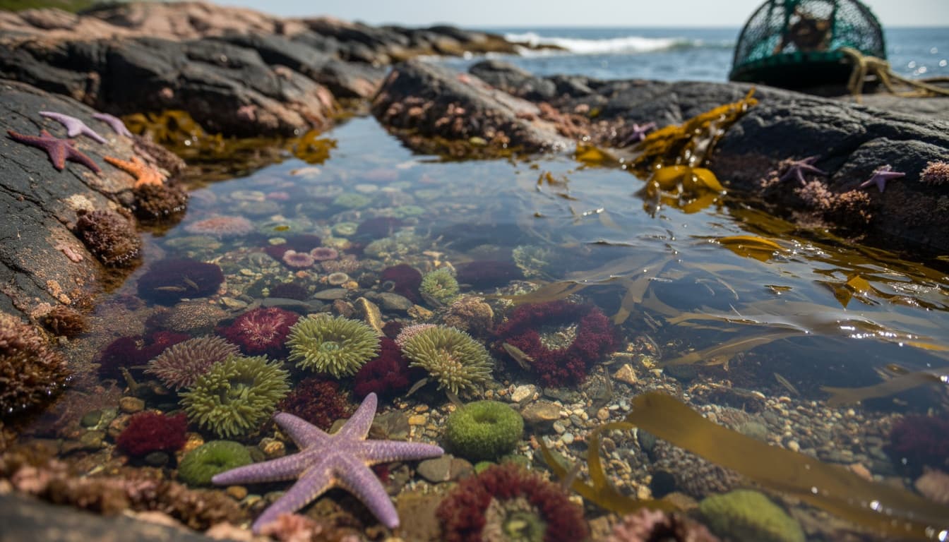 Close-up view of a tide pool teeming with colorful sea stars, anemones, and marine vegetation in shallow rocky waters along Maine's coast.