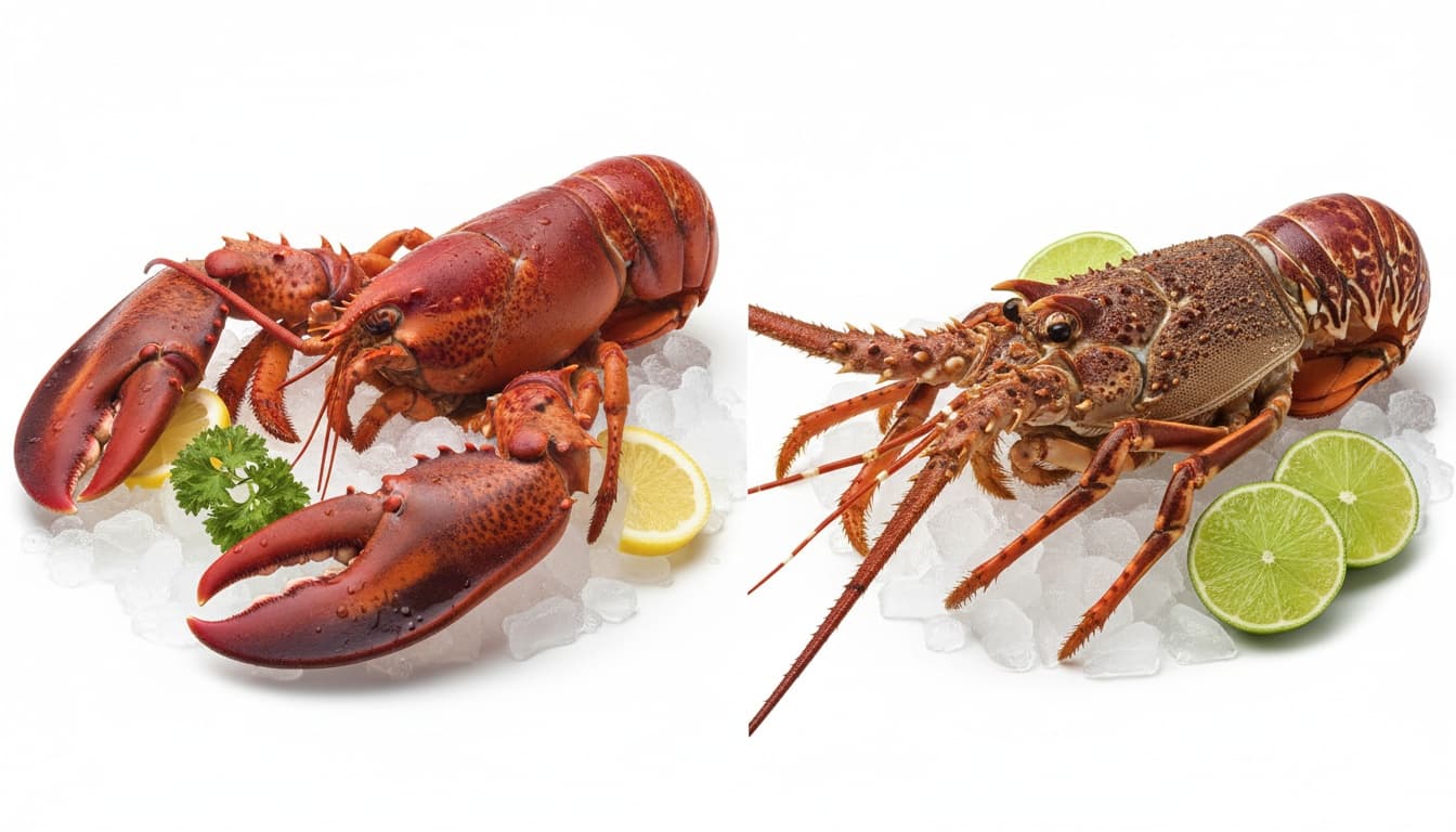 Side-by-side comparison of American lobster with large claws next to a spiny lobster without claws, fresh whole specimens on white background.