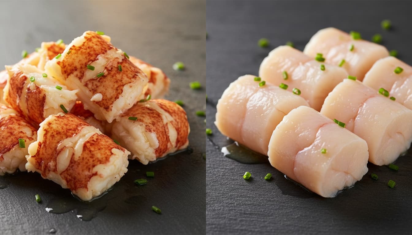 Side-by-side comparison of cooked American lobster and spiny lobster meat showing their different textures and appearance under professional lighting.