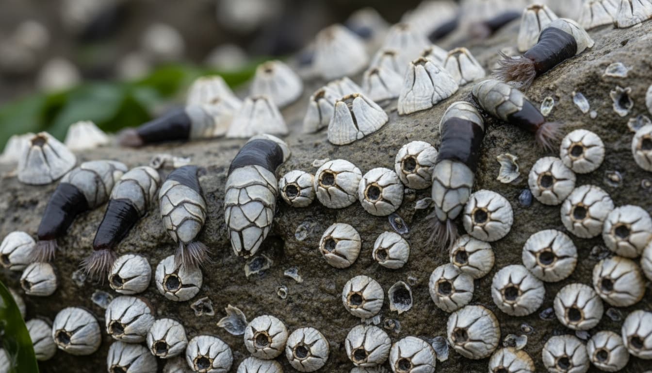 Close-up comparison of acorn and gooseneck barnacles attached to wet rock, showing distinct shell structures and anatomical differences in natural habitat.