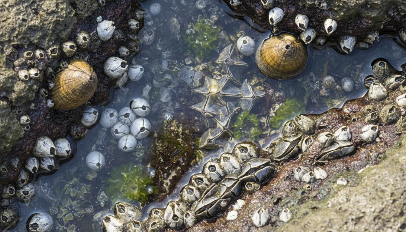 Close-up photograph of multiple barnacle species clustered on wet rocks, displaying different shell shapes, sizes, and textures in their natural intertidal habitat.