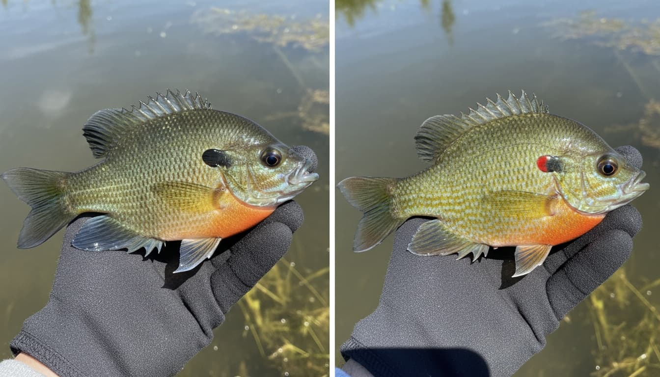 Two sunfish specimens photographed side-by-side showing distinct ear flap colors and identifying features for bluegill versus pumpkinseed comparison.