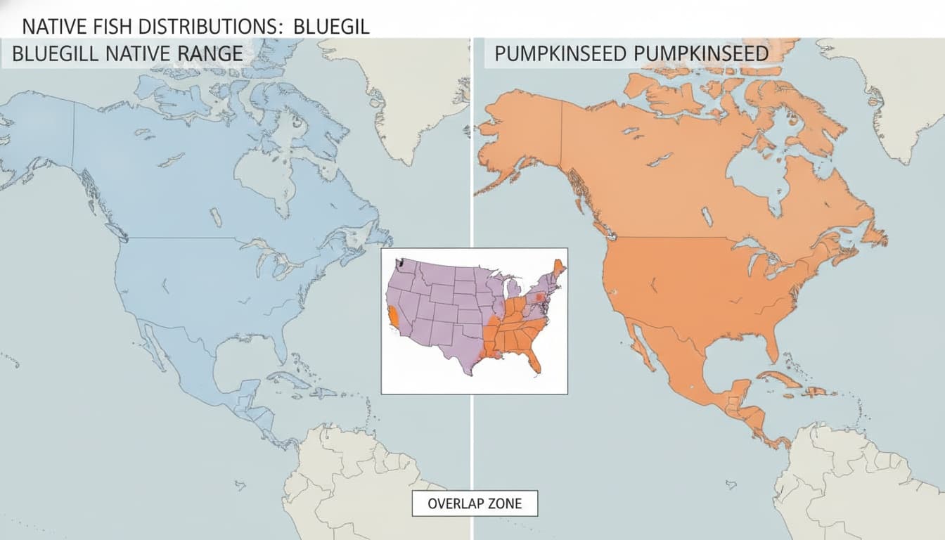 Map of North America displaying bluegill native range in blue covering most regions and pumpkinseed range in orange concentrated along Atlantic coast with overlap areas marked.