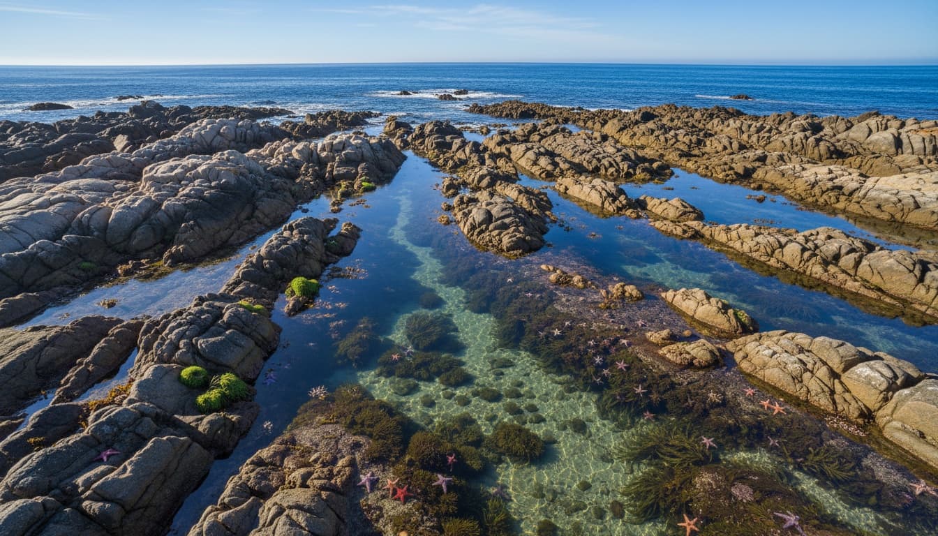 Exposed tide pools reveal colorful sea stars and anemones in rocky crevices along the California coast during low tide conditions.