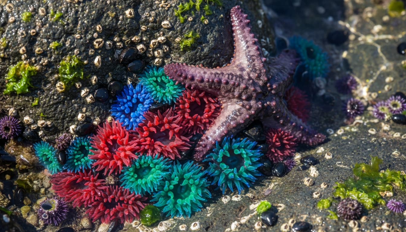Colorful sea anemones and sea stars clustered together in a shallow tide pool surrounded by wet rocks and seawater.