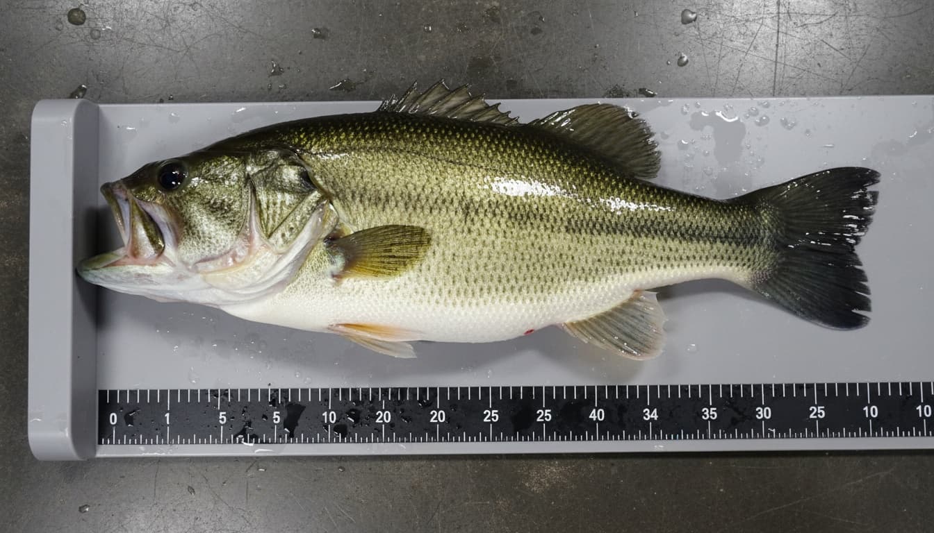 Freshwater fish positioned flat on a wet measuring board aligned with a ruler for proper legal length measurement from snout to pinched tail.