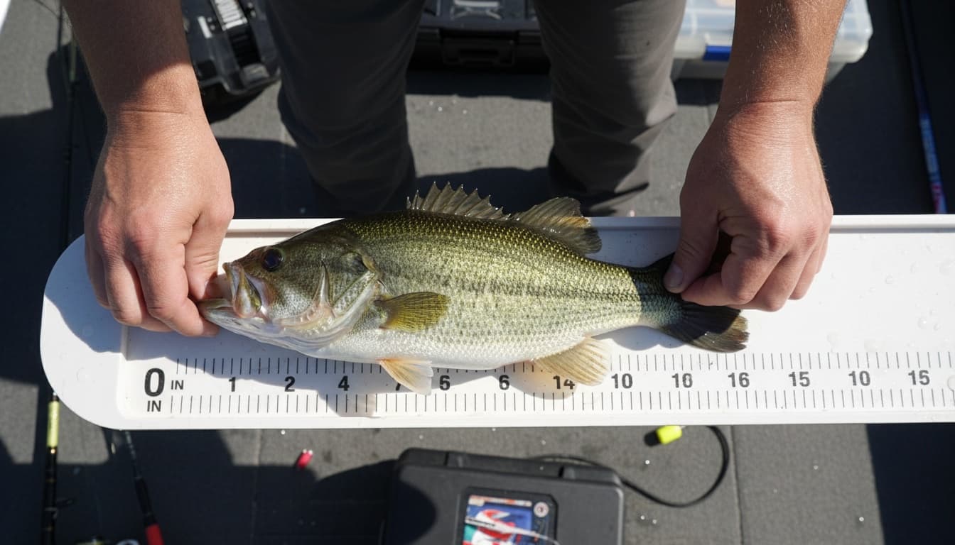 Angler's hands demonstrate correct fish measurement technique on a bump board, aligning the fish's mouth and tail fins for accurate length reading.