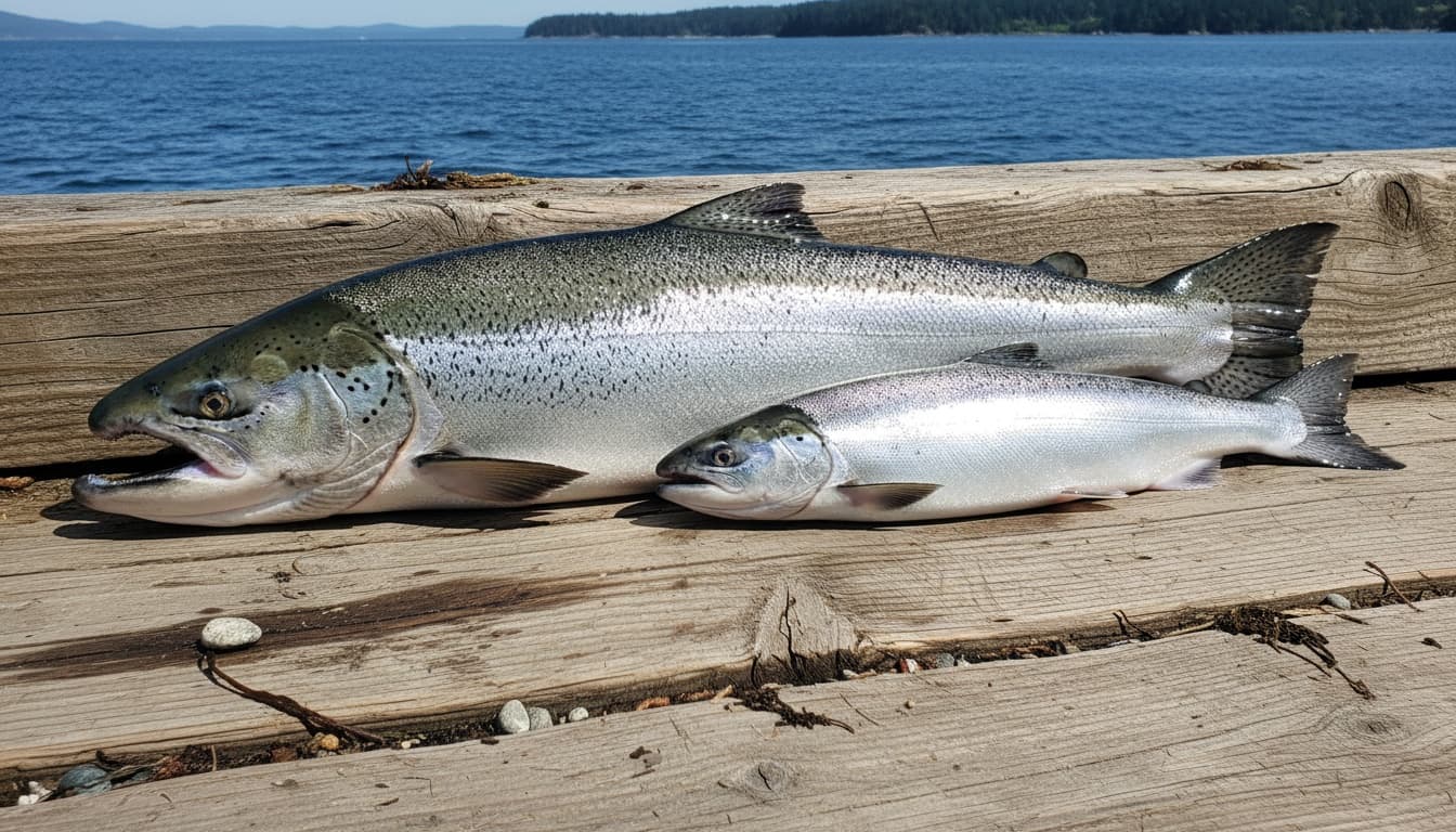 Two whole salmon specimens displayed side-by-side on a dock, clearly showing the larger king salmon versus smaller coho salmon with visible color and fin differences.