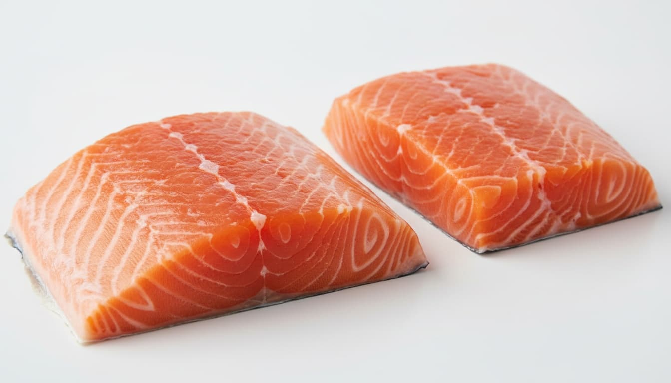 Side-by-side cross-sections of king and coho salmon fillets showing marbling difference and color variation in professional food photography.