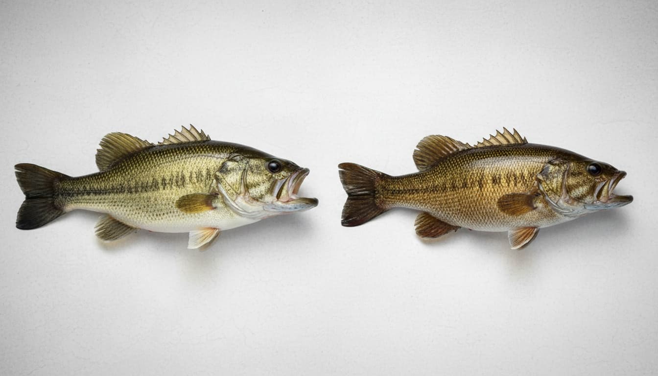 Side-by-side comparison of largemouth bass with extended jaw and smallmouth bass with aligned jaw, highlighting key identification differences for anglers.