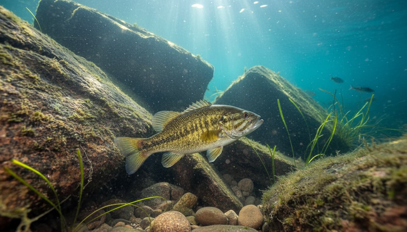 Smallmouth bass swimming near rocky underwater structure in clear, cool water with natural lighting filtering from above.