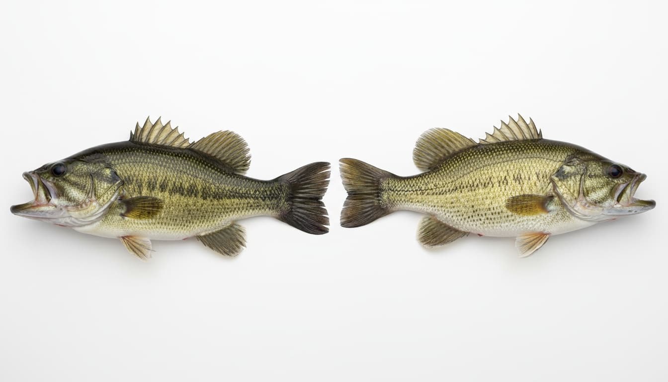 Two bass fish positioned side-by-side showing anatomical differences in jaw extension and dorsal fin shape for species identification comparison.