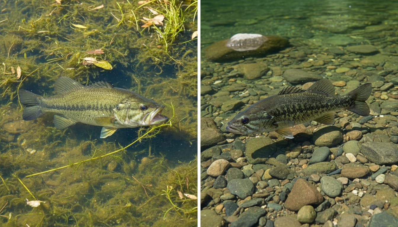 Side-by-side habitat comparison showing largemouth bass in weedy shallows versus spotted bass in clear rocky areas underwater.