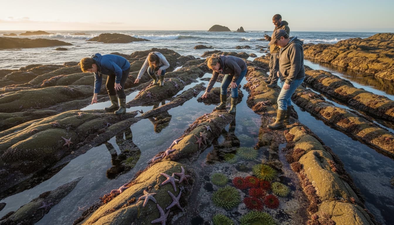 Visitors in tide pools examining colorful starfish and sea anemones during low tide on the Oregon Coast, wearing proper footwear on wet rocks.