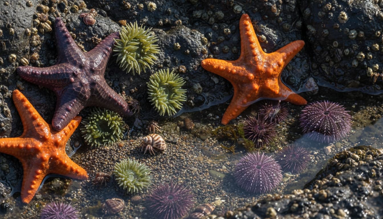 Close-up of tide pool organisms including colorful sea stars, sea urchins, anemones, and hermit crabs on wet rocks in natural habitat.