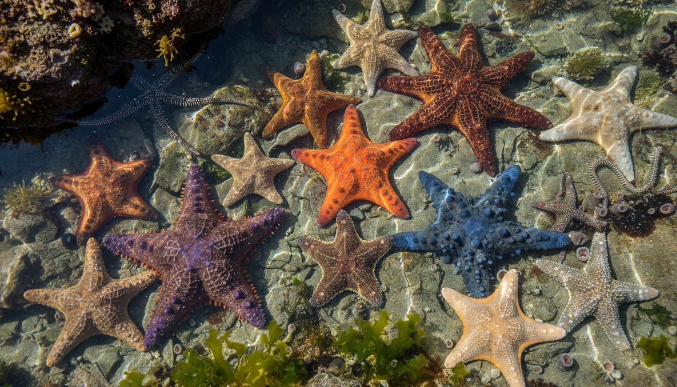 Close-up of diverse sea stars in tide pool showing ochre and sunflower species with contrasting colors, sizes, and surface textures against rocky substrate.