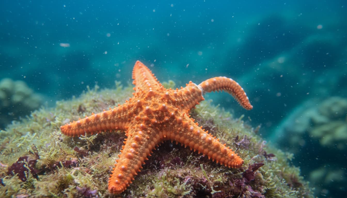 Sea star specimen showing regeneration with one stubby arm among longer arms, demonstrating why all arms must be checked during identification.