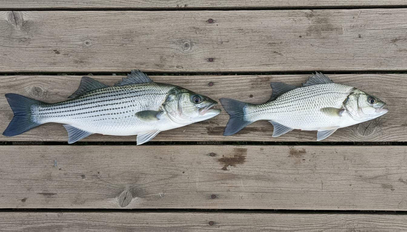 Two fish specimens on a dock showing striped bass with continuous horizontal stripes and white bass with broken, faded stripes below the lateral line, demonstrating size and pattern differences.