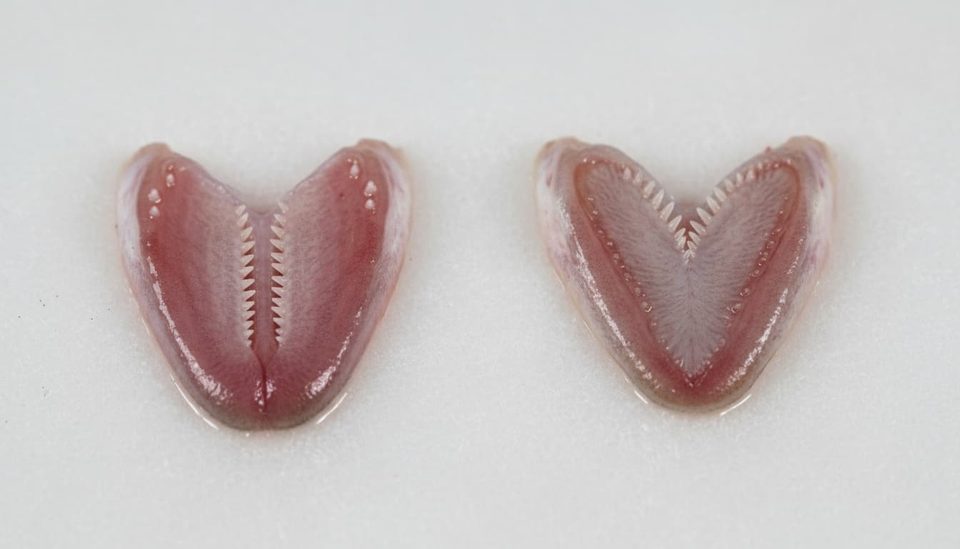 Side-by-side macro photograph comparing striped bass tongue with two tooth patches versus white bass tongue with single centered patch.