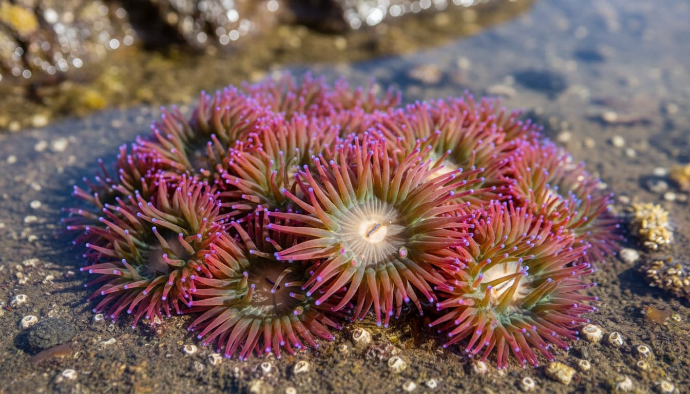 Close-up of a colorful tide pool anemone with extended tentacles displaying its delicate, flower-like appearance in natural ocean habitat.