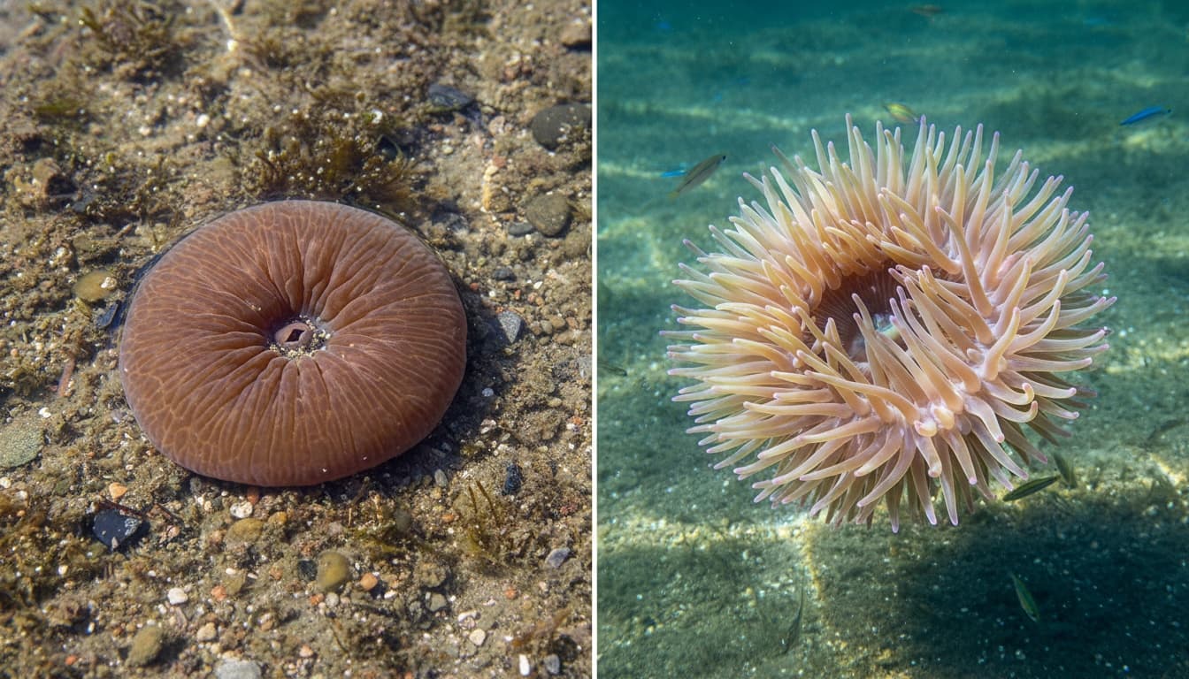 Side-by-side comparison of sea anemone closed versus open, illustrating tide pool survival adaptations between low and high tide conditions.