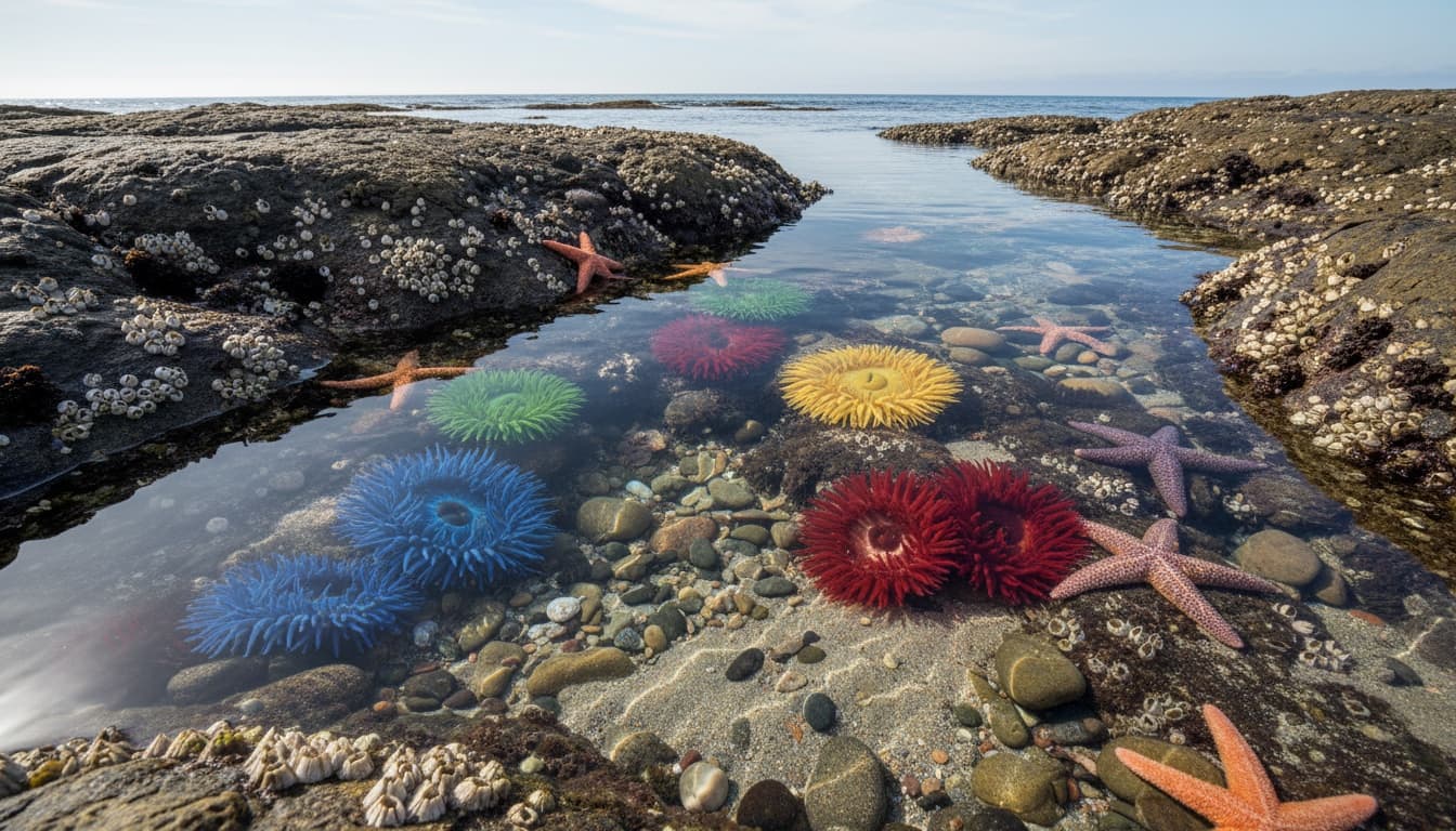 A vibrant tide pool filled with sea anemones, starfish, and marine organisms clinging to wet rocks in shallow, clear seawater.