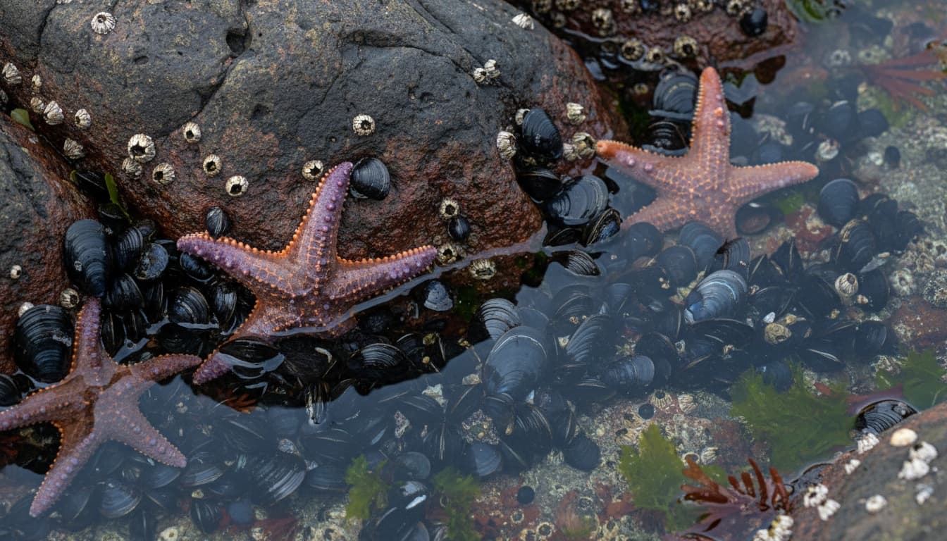 Close-up of a tide pool showing various marine organisms including sea stars, mussels, and barnacles clustered on wet rocks with clear water.
