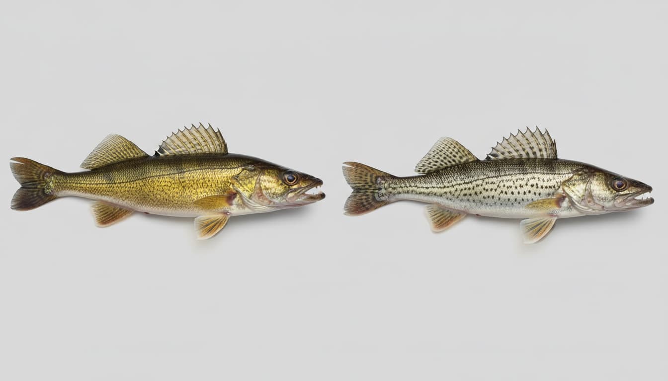 Side-by-side photograph comparing a golden-brown walleye and gray-olive sauger fish, highlighting their distinct coloration and fin differences.