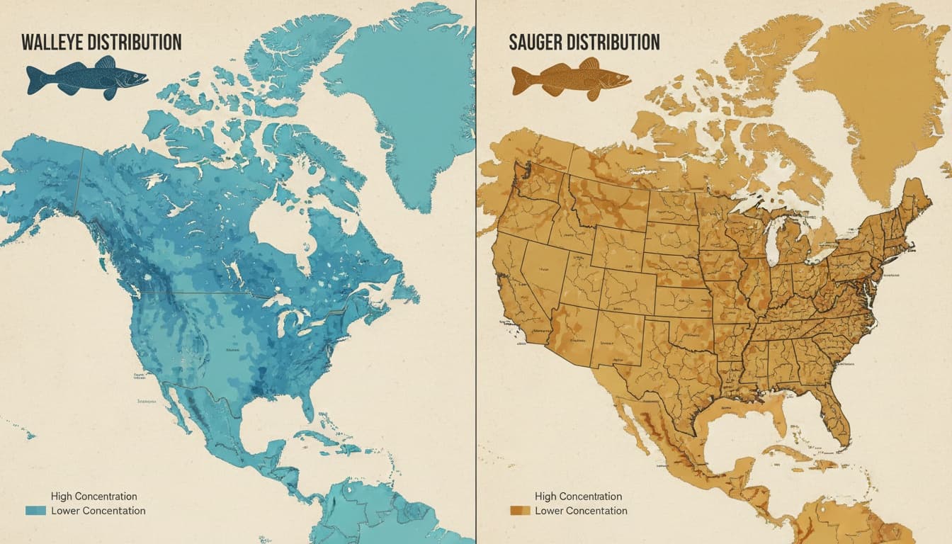 Geographic range map comparing walleye habitat in northern regions versus sauger distribution along major river systems in the central United States.