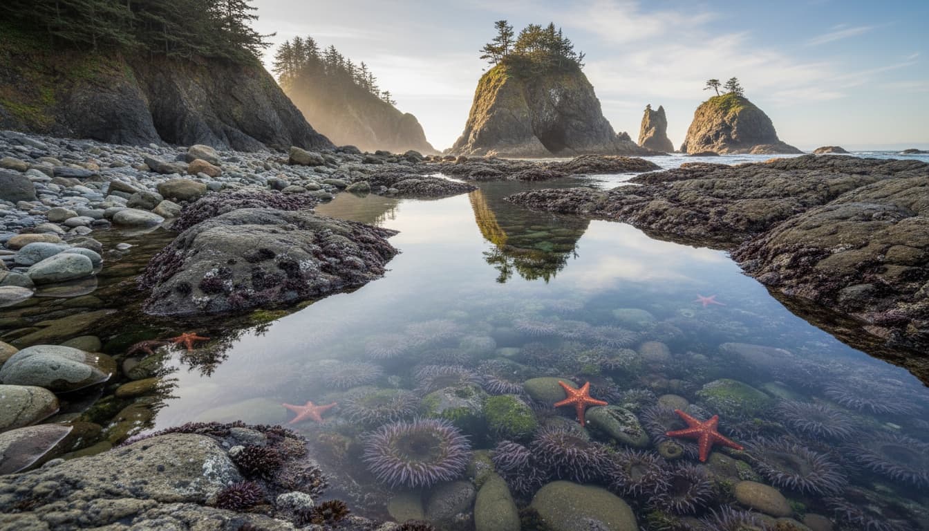 Rocky tide pools at low tide showing marine life and sea stacks along Washington's Pacific coastline during golden hour lighting.