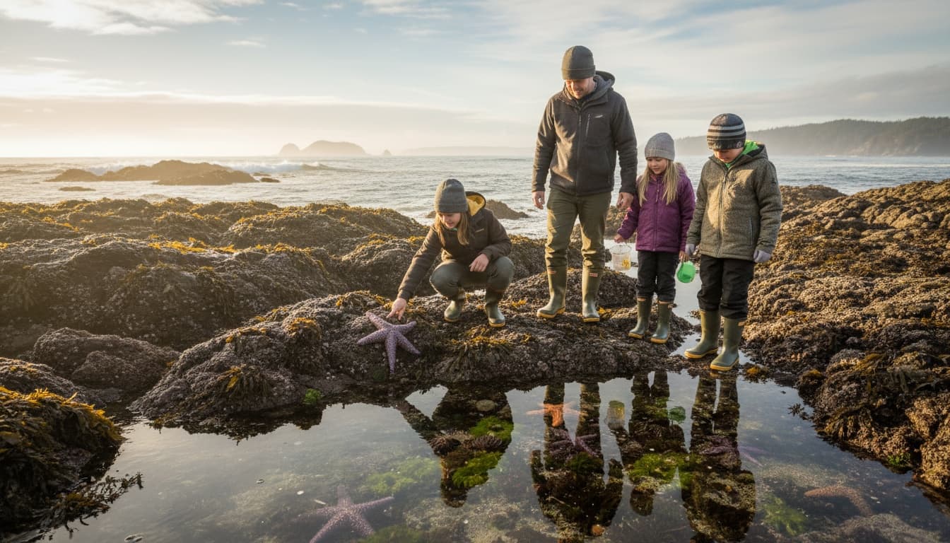 Family wearing proper gear exploring tide pools, examining colorful sea stars and marine life on rocky Washington coastline during low tide.